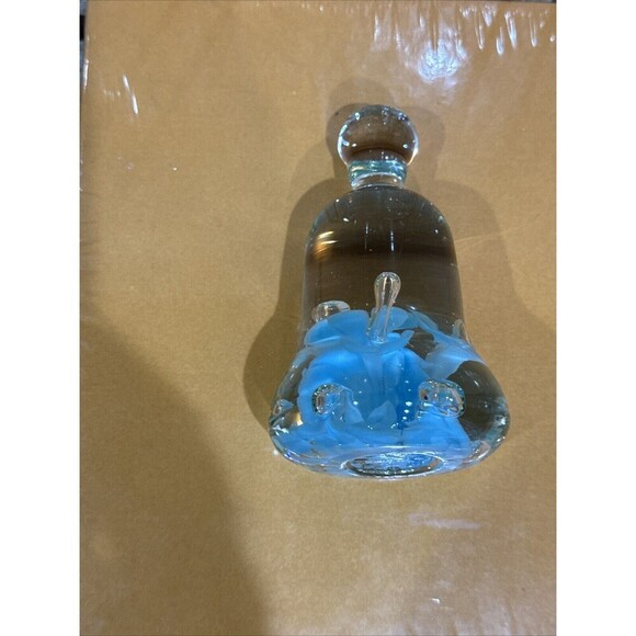 Joe St Clair Bell Paperweight Blue Flowers Art Glass Controlled Bubbles - Picture 3 of 7